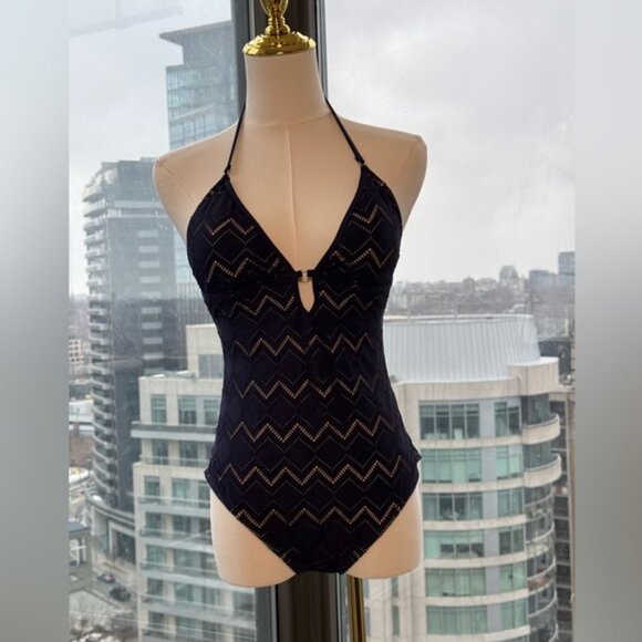 🆕 ZIMMERMANN 🧿NWOT Pointelle-Knit Halterneck Swimsuit, Plum-Navy, Sz 3 US 8/10 - Picture 7 of 14